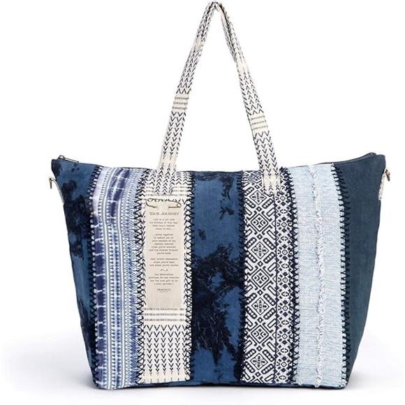 Demdaco Weekender Indigo Blue Stripe 23 x 15 Recycled Denim Fabric Duffel Bag - Picture 1 of 9